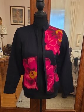 Women's Black Open-Front Jacket with Pink & Yellow Floral Panels